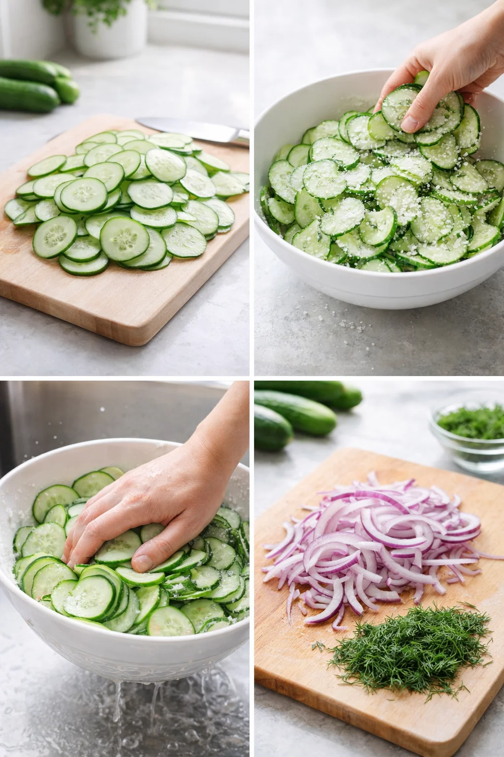 Thin cucumber rounds salted in a bowl beside a colander, sliced red onion and chopped dill.