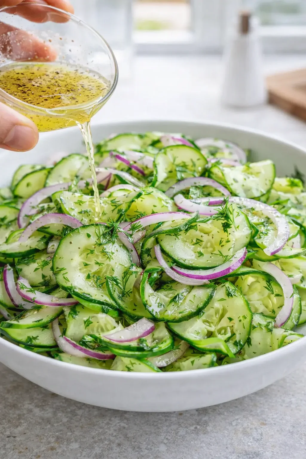 Glass bowl of cucumbers, red onion, and dill being tossed with vinegar-sugar dressing.