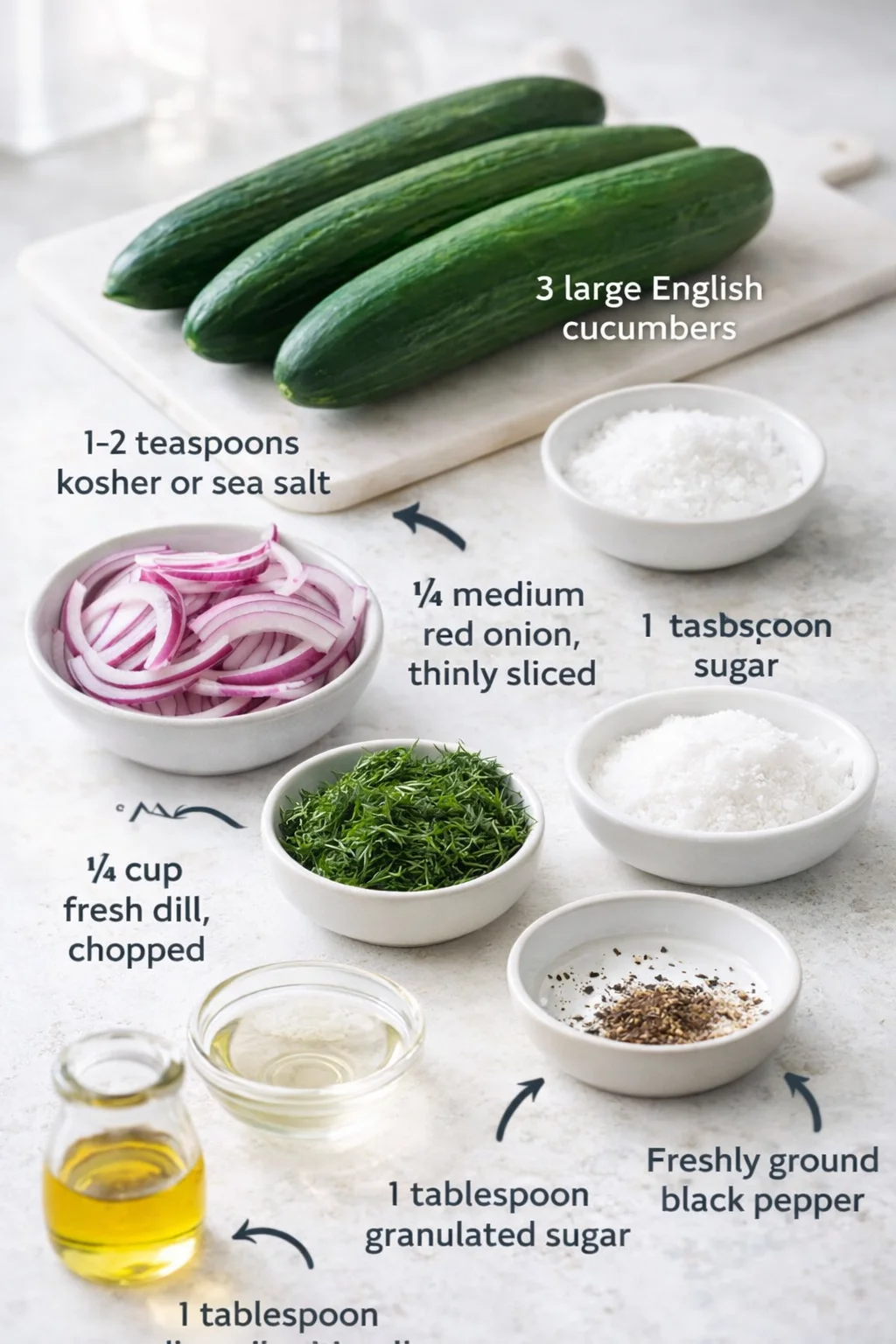 Measured ingredients arranged for Ultimate Crisp Cucumber Salad Recipe Easy Refreshing Summer Side Dish: 3 large English cucumbers or 4–5 Kirby cucumbers, 1–2 teaspoons kosher or sea salt, ½ medium red onion, thinly slic