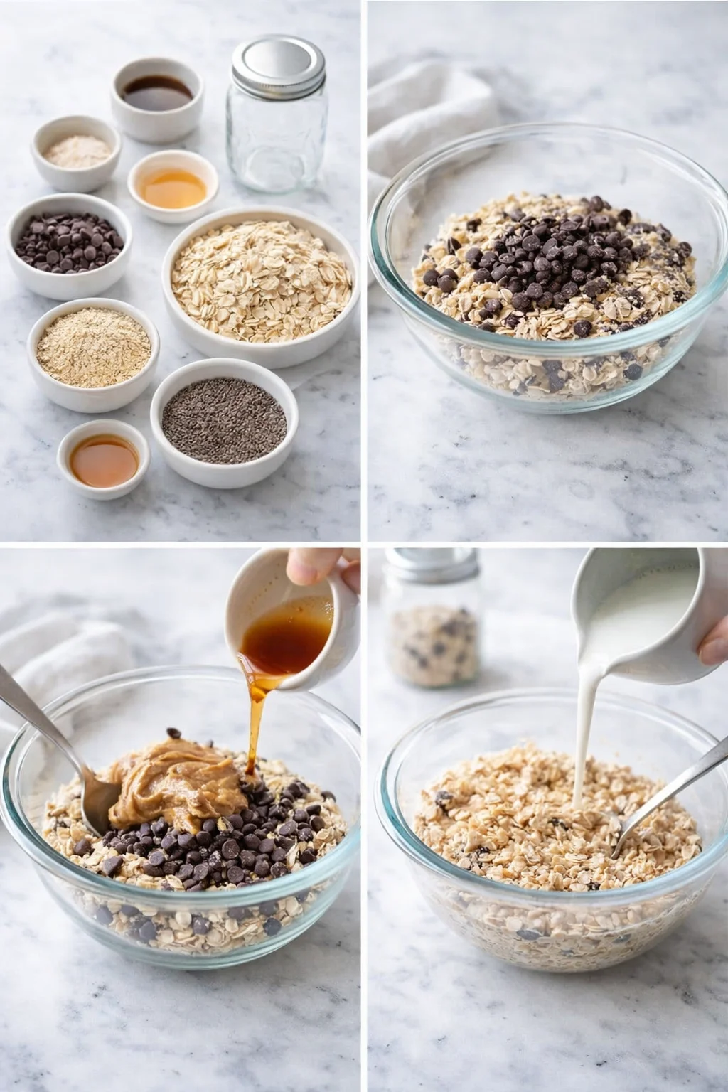 Mason jar with oats, chia, chocolate chips; spoon stirring nut butter, maple syrup, milk pouring.