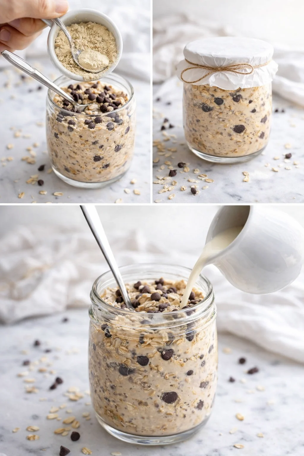 Scoop of vegan protein added, jar being sealed and refrigerated, then stirred with extra milk before serving.