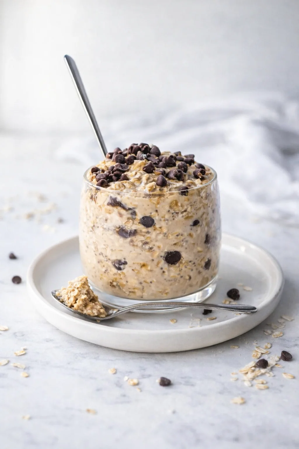 Final plated Vegan Cookie Dough Overnight Oats Recipe served as a hero shot