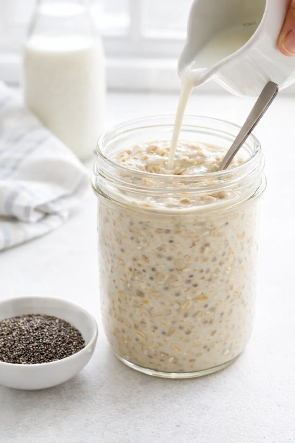step-process-placeholder-5-8.png Person stirring thick overnight oats in a jar, adding a splash of milk to loosen.