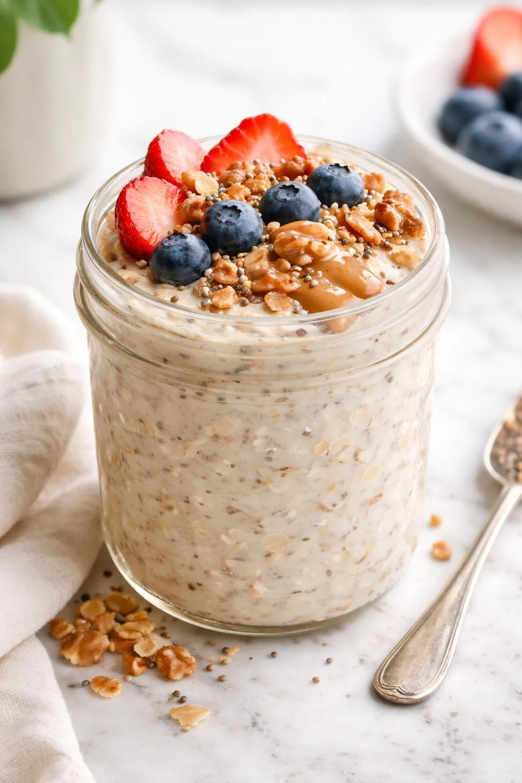 step-process-placeholder-9-9.png Overnight oats garnished with sliced fruit, nuts, seeds, and a drizzle of nut butter.