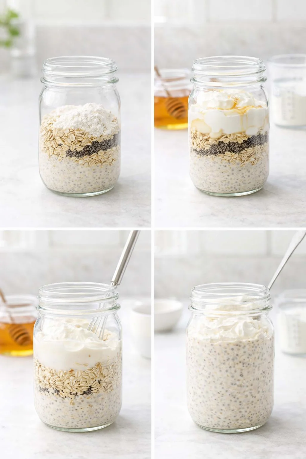 Glass jar with oats, protein powder, and chia seeds being stirred with yogurt and milk until smooth.