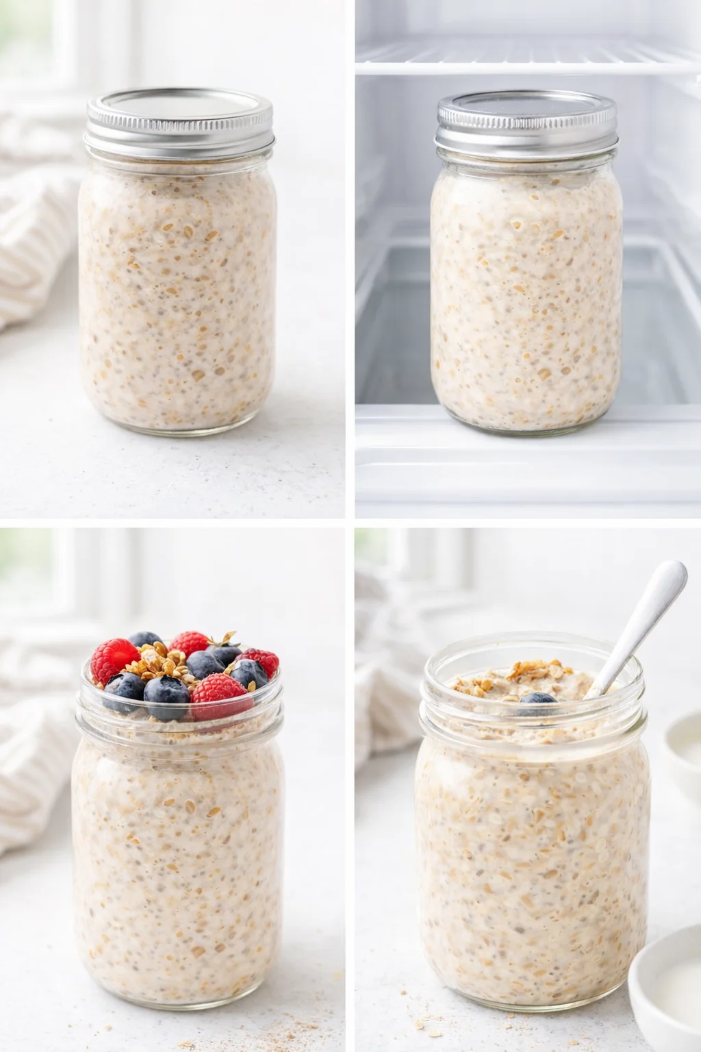 Sealed jar of overnight oats in refrigerator, next to a jar topped with berries and toasted nuts being stirred.
