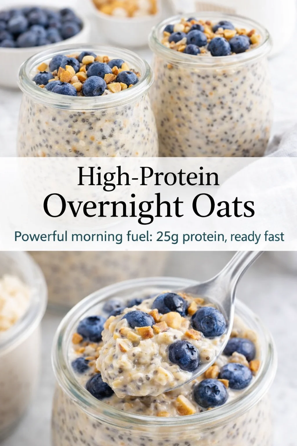 Pinterest-style image for High-Protein Overnight Oats with centered text overlay