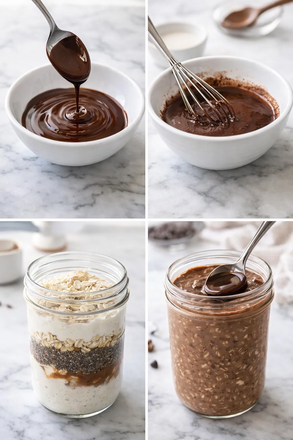Jar with oats, milk, yogurt and cocoa being stirred as melted chocolate is poured in.