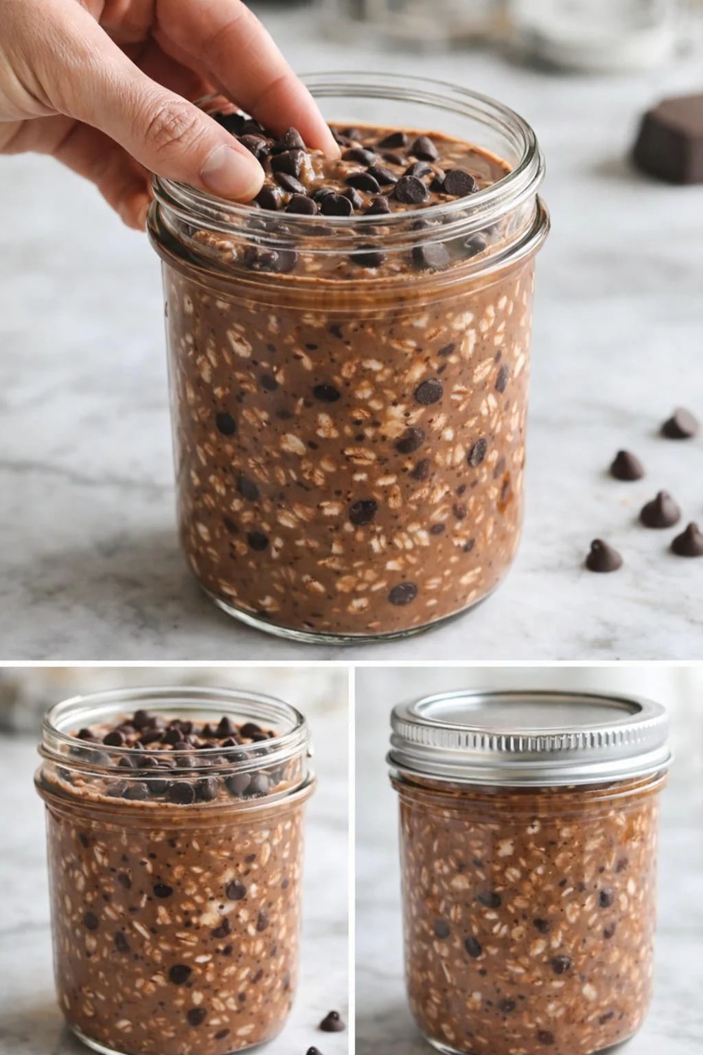 Oats in jar showing milk-covered oats, chocolate chips folded in, jar sealed in refrigerator.