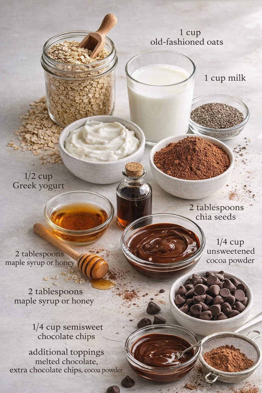Measured ingredients arranged for Irresistible Brownie Batter Overnight Oats - Guilt-Free Treat: 1 cup old-fashioned oats (can use gluten-free oats for a gluten-free version), 1 cup milk (any type; switch to almond or oa