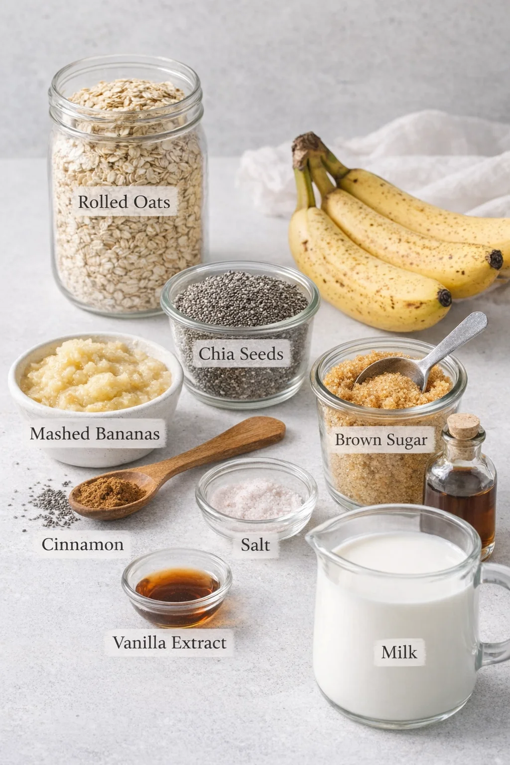 Measured ingredients arranged for Brown Sugar Overnight Oats: rolled oats — Old-fashioned rolled oats (not instant or quick), chia seeds — black or white, mashed bananas — ripe bananas, mashed, cinnamon, brown sugar — li