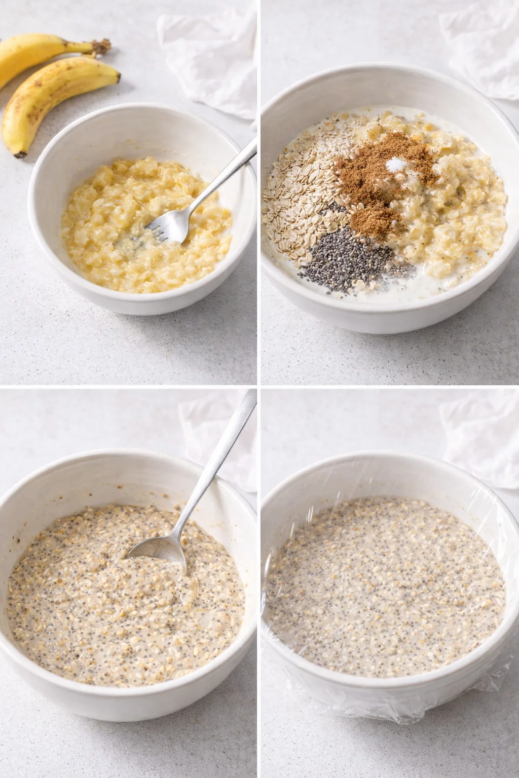 Bowl of combined oats, mashed banana, chia seeds, and brown sugar stirred and covered with plastic