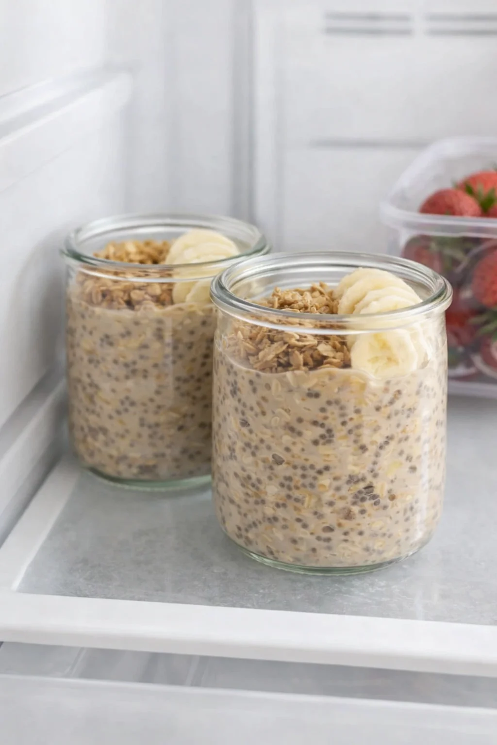 Covered container of oats chilling on refrigerator shelf, liquid visible soaking into the oats