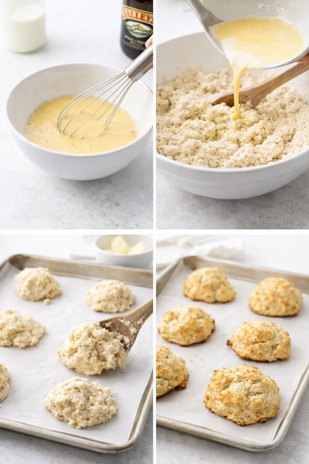 Heaping 1/3-cup dough spoonfuls dropped onto lined baking sheet, raw rounded scones