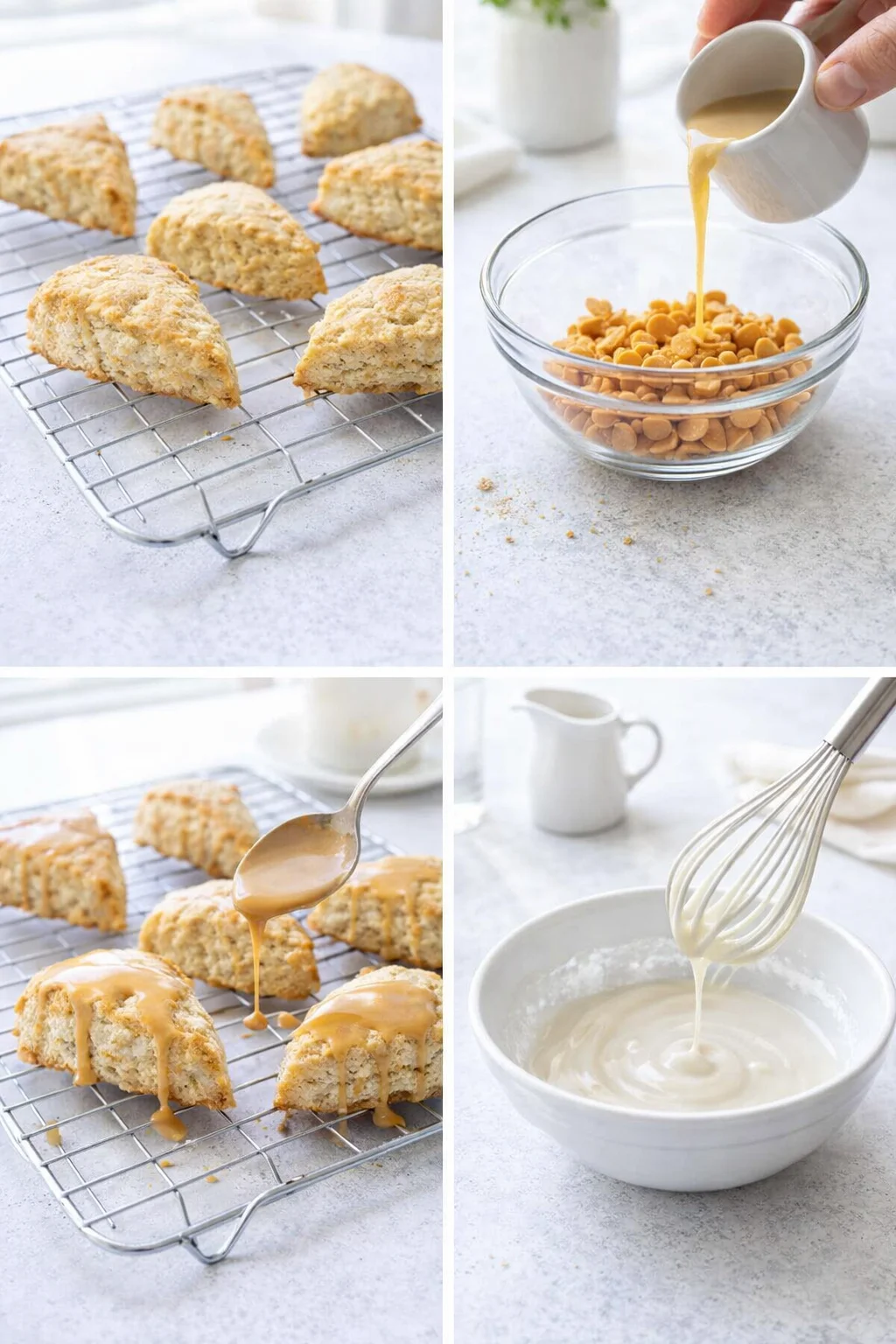 Warm golden scones on wire rack being drizzled with glossy butterscotch-Irish cream glaze