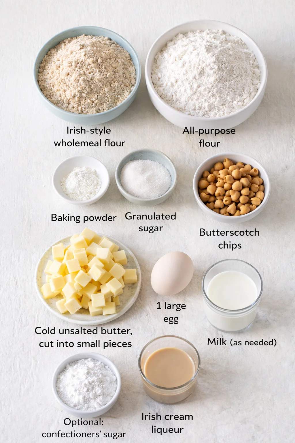 Measured ingredients arranged for Irish Cream Scones: Irish-style wholemeal flour (this gives the scones that tender, crumbly soda-bread quality), All-purpose flour (mixed with wholemeal for balance), Baking powder, Gran