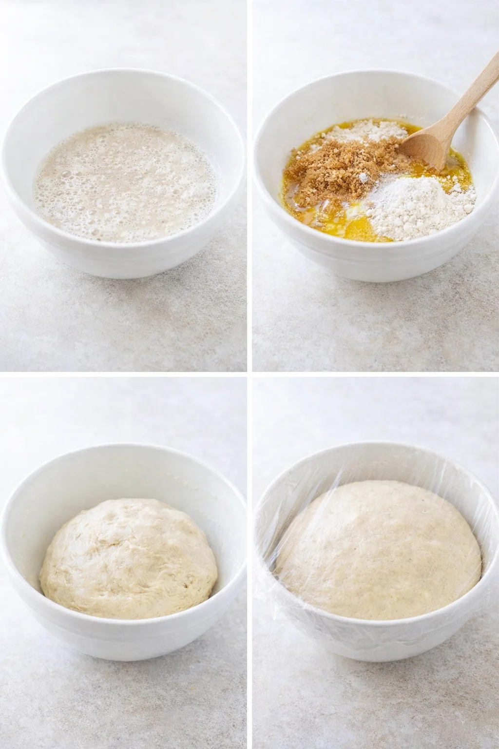 Bowl with bubbly yeast mixture and smooth, slightly sticky dough resting in greased bowl to rise.