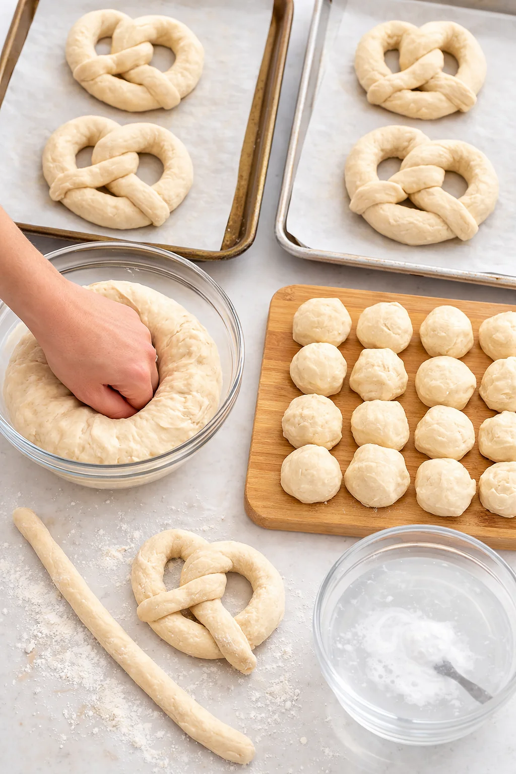 Prepared baking sheets filled with twelve rolled pretzel ropes shaped into pretzels, with a cup of baking soda bath nearby.