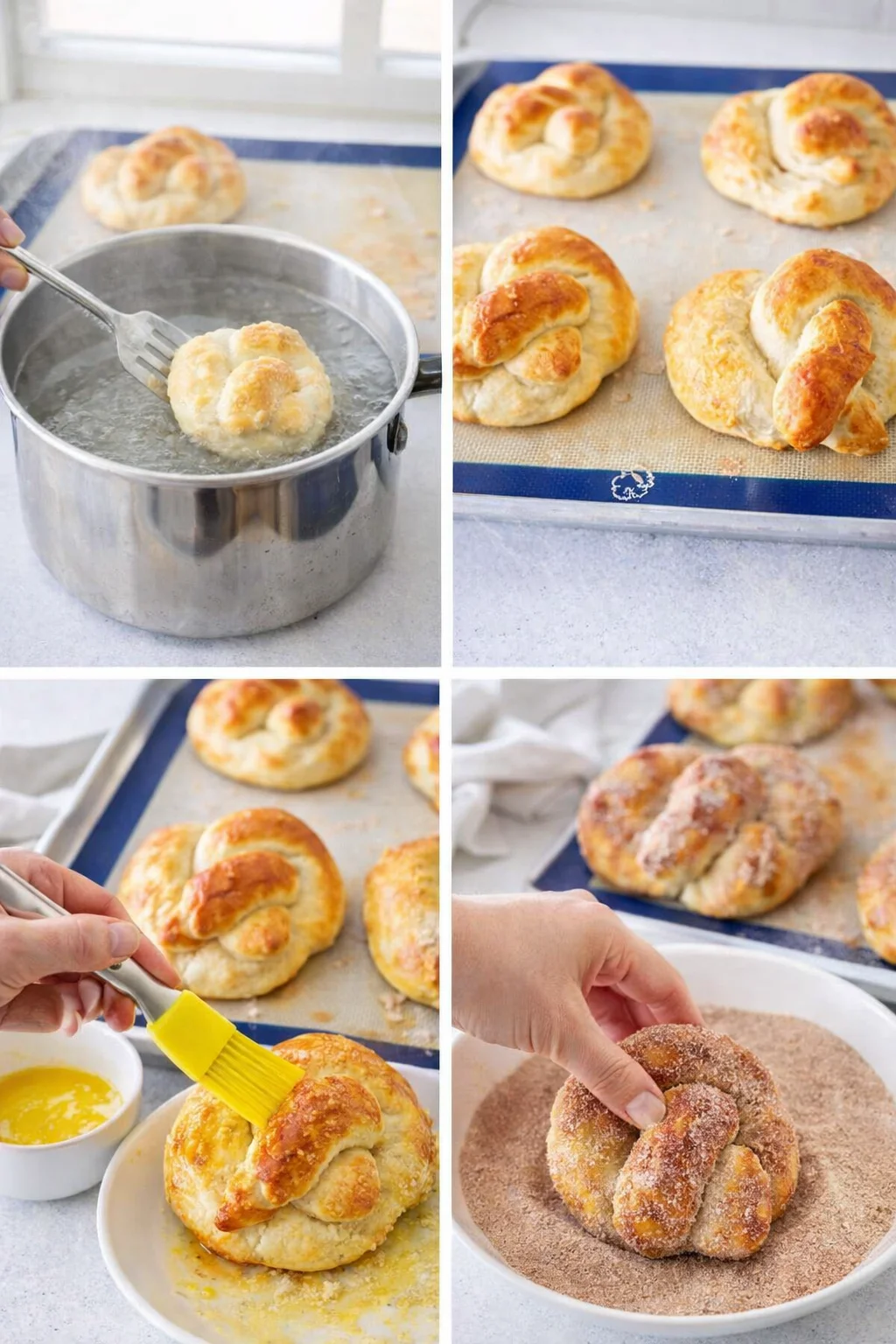 Golden-brown pretzels on a sheet being brushed with melted butter and tossed in cinnamon sugar.