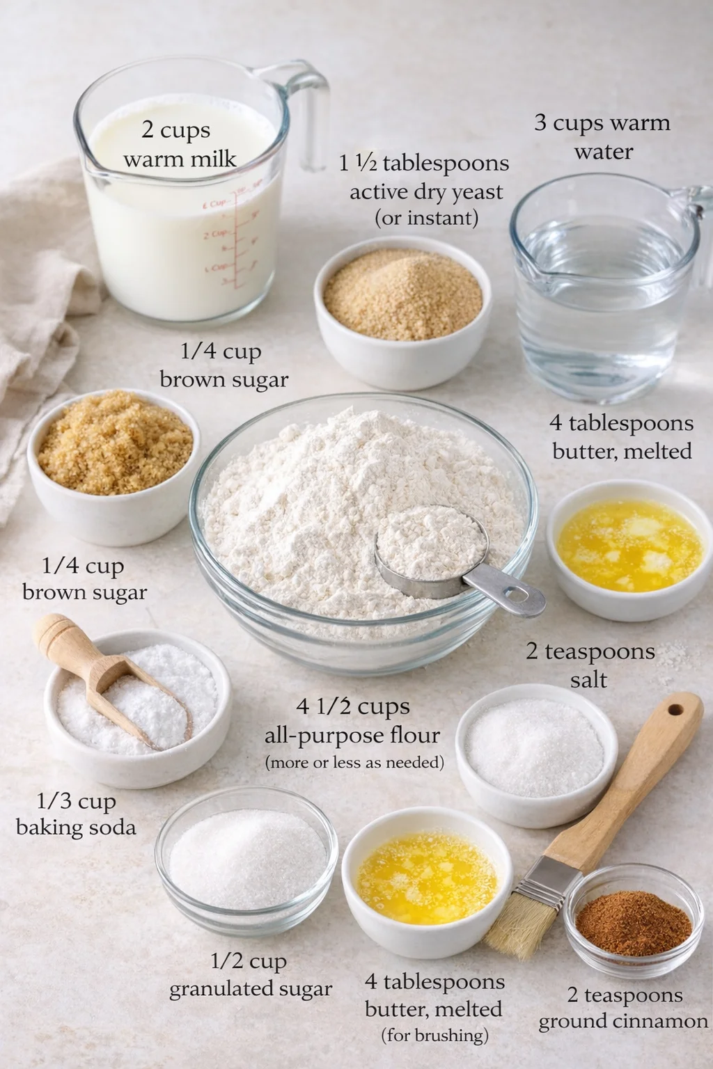 Measured ingredients arranged for Cinnamon Sugar Soft Pretzels Recipe: 2 cups warm milk, 1 1/2 tablespoons active dry yeast (or instant), 1/4 cup brown sugar, 4 tablespoons butter, melted, 2 teaspoons salt, 4 1/2 cups al