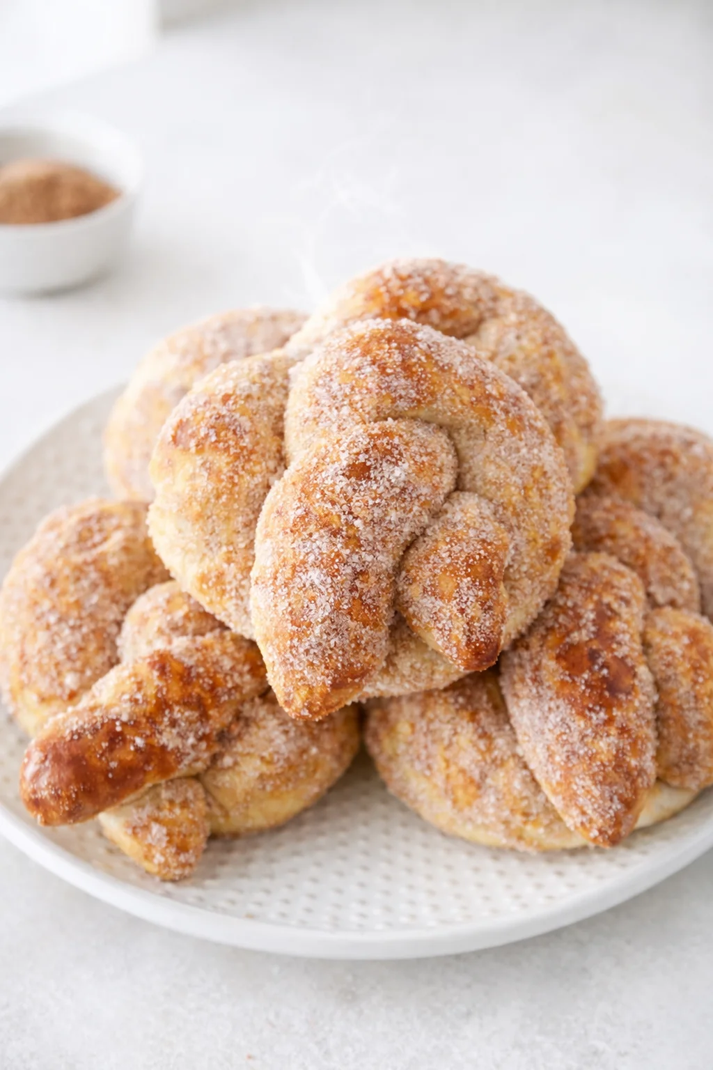 Final plated Cinnamon Sugar Soft Pretzels Recipe served as a hero shot