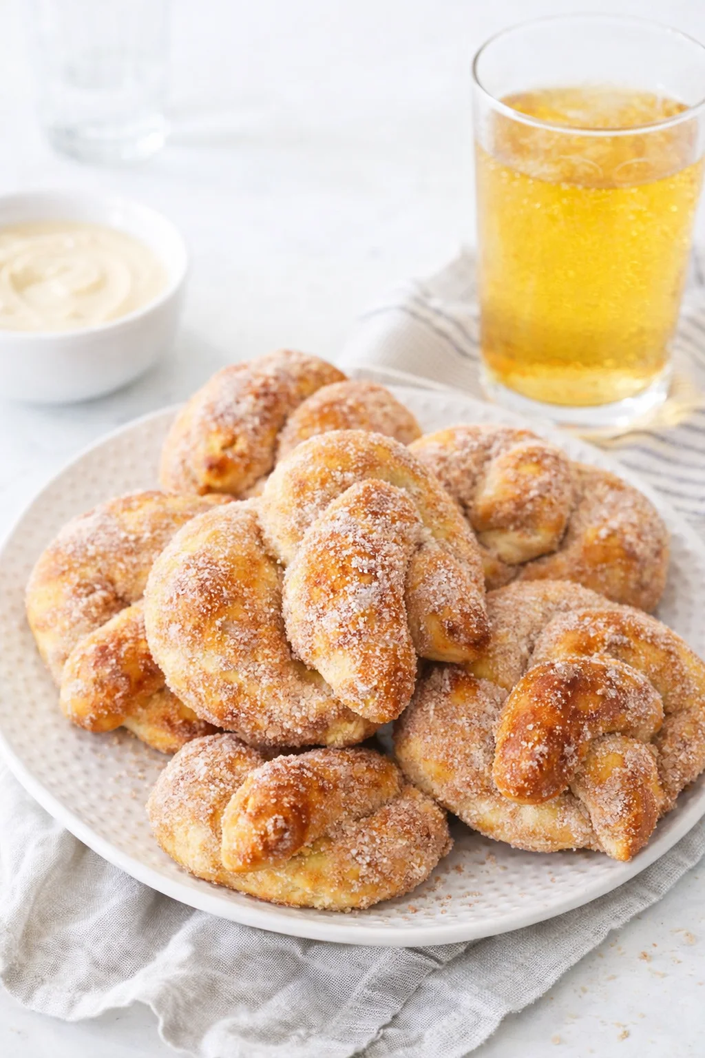 Alternative angle of Cinnamon Sugar Soft Pretzels Recipe served with a pairing