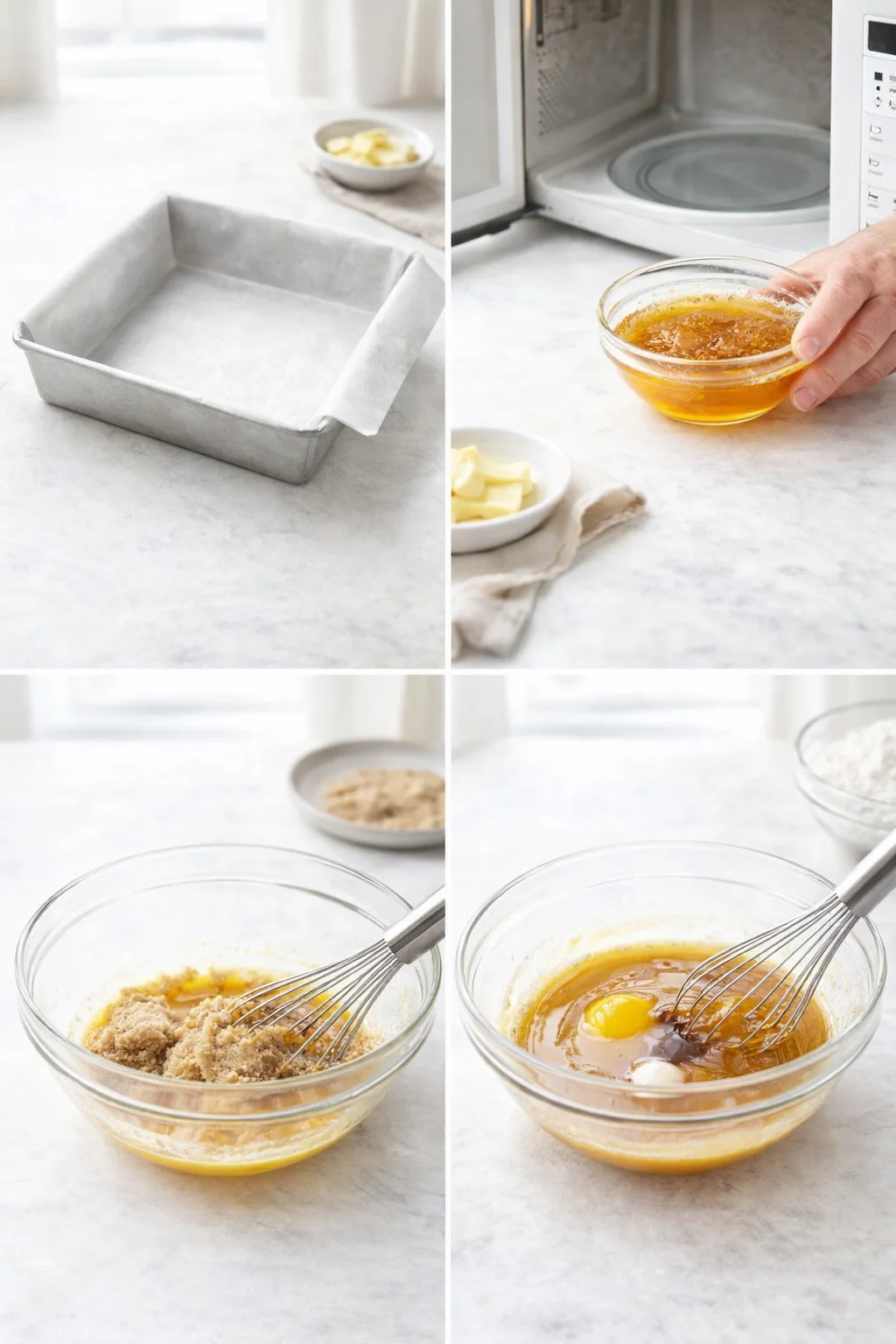 Whisked melted butter and brown sugar in bowl as egg, warmed honey, and vanilla are added.