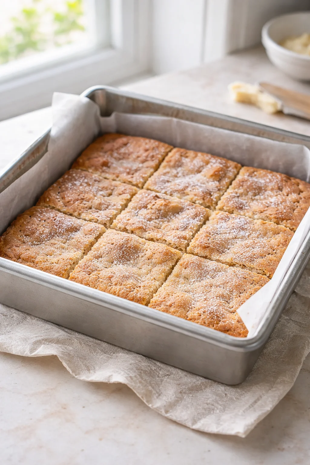 Blondies cooling undisturbed in the pan, edges set and center slightly soft before slicing.