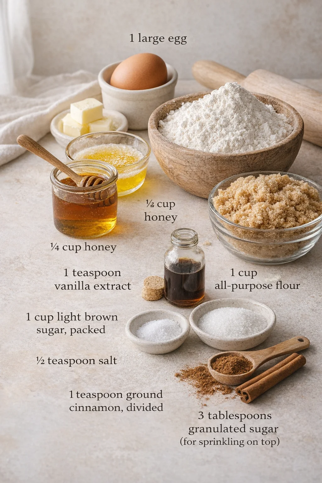 Measured ingredients arranged for Cozy and Sweet Honey Cinnamon Dessert: 1 large egg, ½ cup unsalted butter, melted, ¼ cup honey, 1 teaspoon vanilla extract, 1 cup all-purpose flour, 1 cup light brown sugar, packed