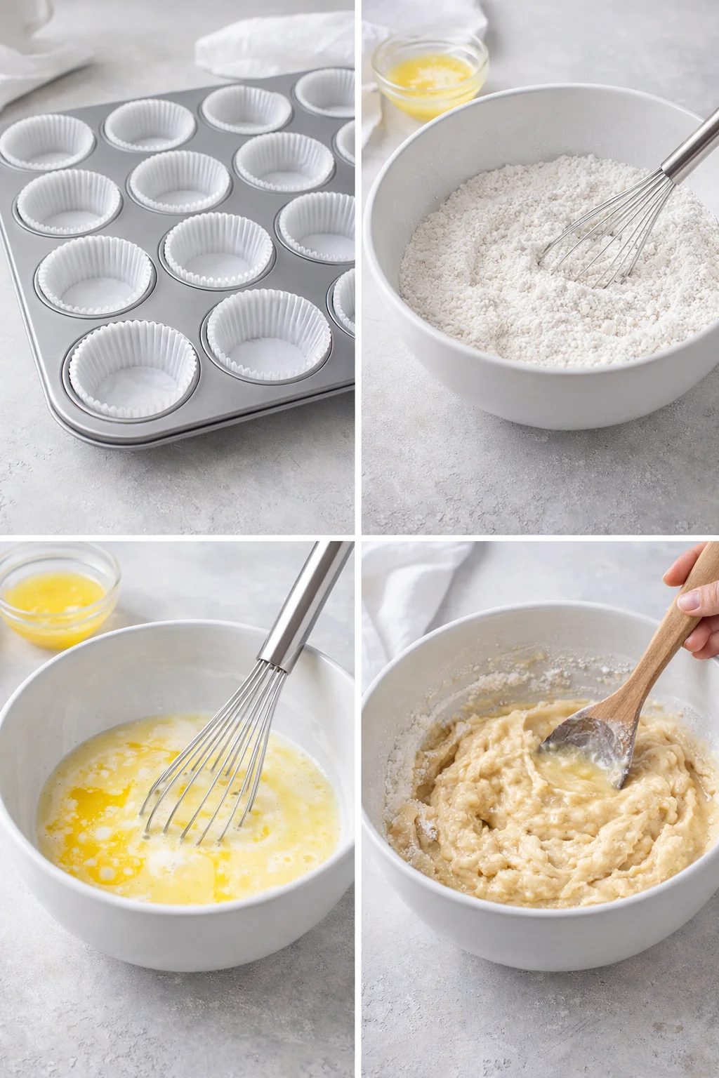 Wet batter being poured into flour bowl while lined muffin tin sits ready