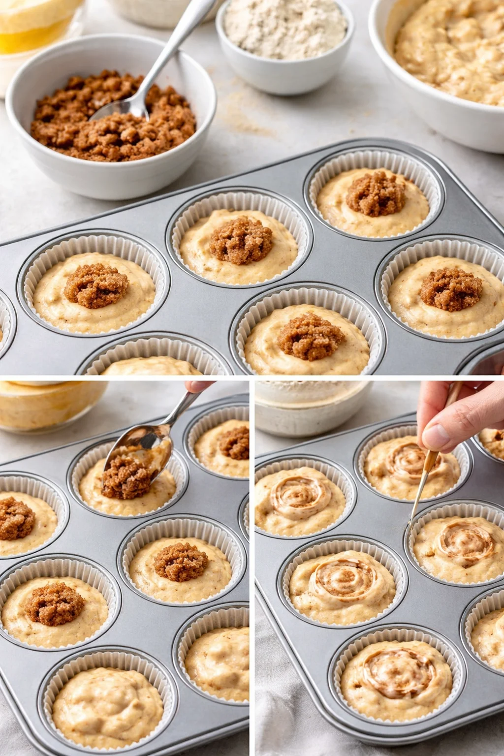 Muffin cups filled halfway with batter and spoonfuls of cinnamon filling being swirled