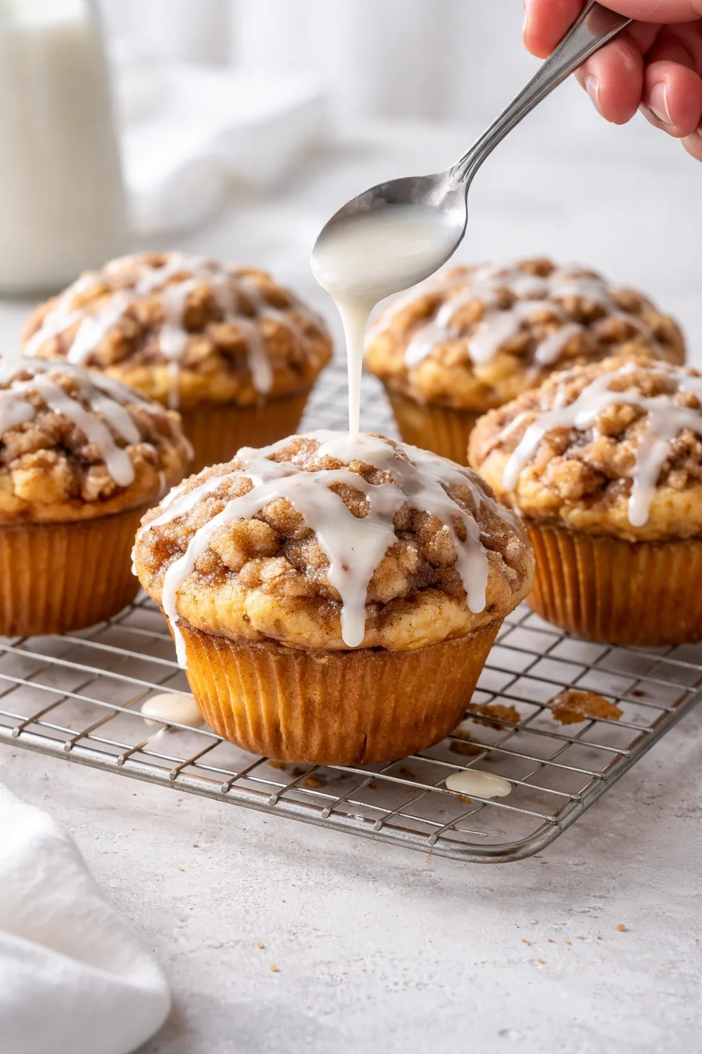 Golden muffin tops cooling on a wire rack while glaze is being drizzled over warm tops