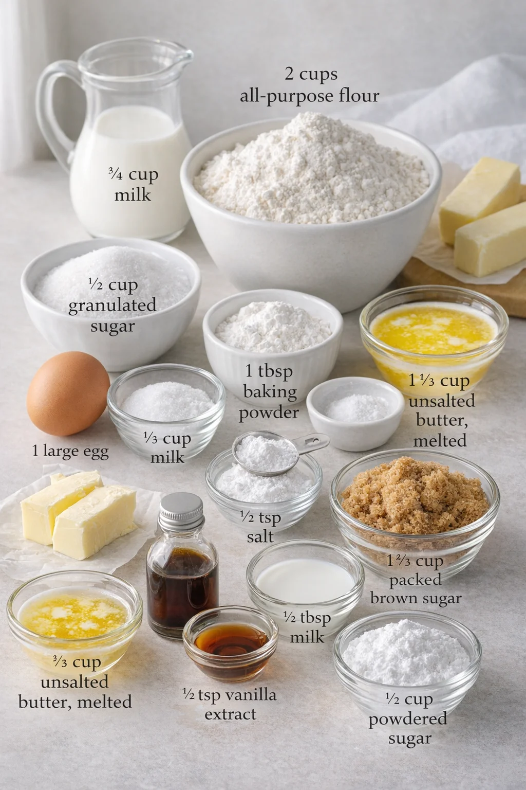 Measured ingredients arranged for Cinnamon Roll Muffins: Irresistibly Soft & Gooey Bites You’ll Crave!: 2 cups all-purpose flour, ½ cup granulated sugar, 1 tablespoon baking powder, ½ teaspoon salt, ¾ cup milk, ⅓ cup uns