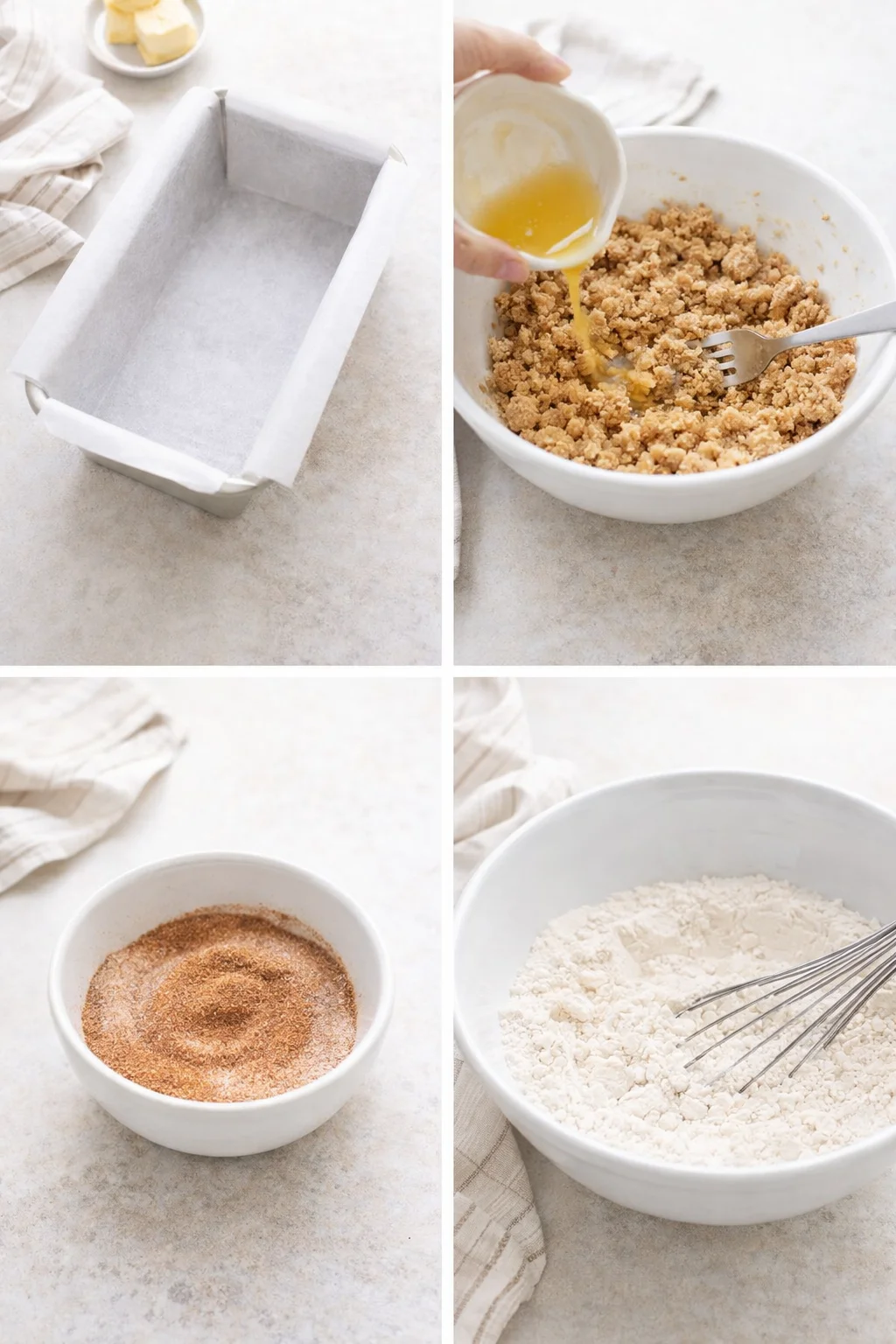 Greased 9×5 loaf pan beside bowl of crumbly streusel and whisked dry ingredients.