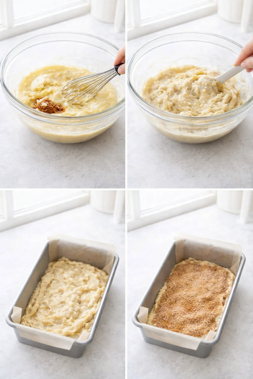 Large bowl with smooth banana-butter batter, spooning half into loaf pan and cinnamon sugar sprinkled.