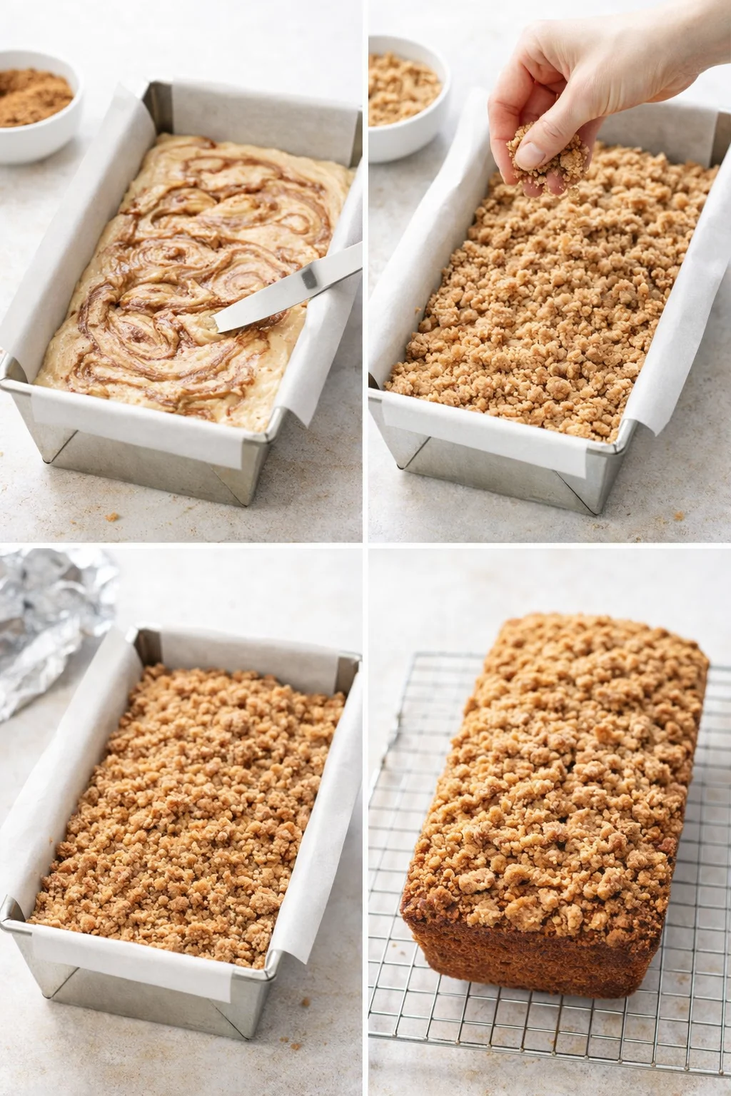 Baked loaf with cinnamon swirl and streusel crumb topping cooling in pan before transfer to rack.