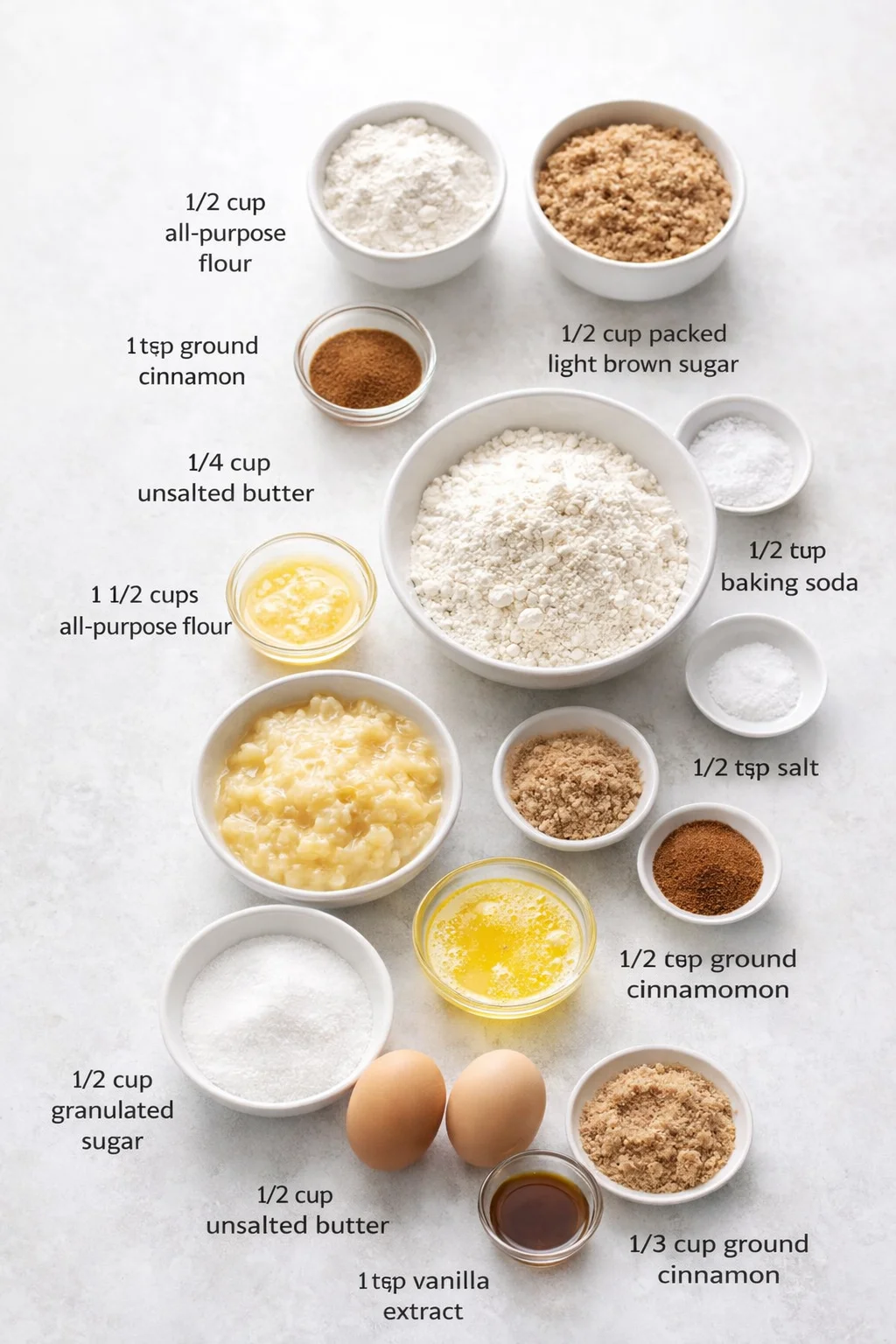 Measured ingredients arranged for Coffee Cake Banana Bread: 1/2 cup all-purpose flour, 1/2 cup packed light brown sugar, 1 tsp ground cinnamon, 1/4 cup unsalted butter, melted, 1 1/2 cups all-purpose flour, 1 tsp baking 