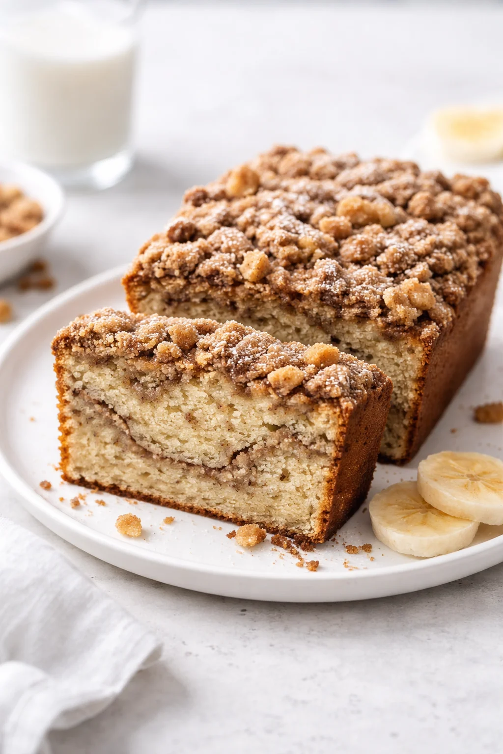 Final plated Coffee Cake Banana Bread served as a hero shot