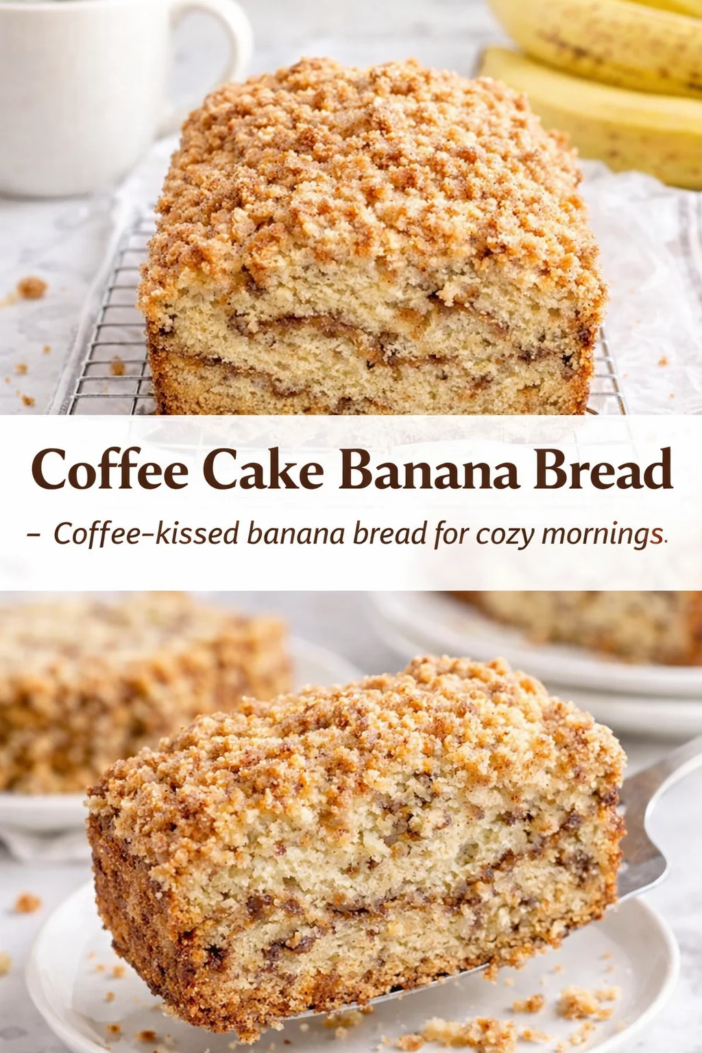 Pinterest-style image for Coffee Cake Banana Bread with centered text overlay