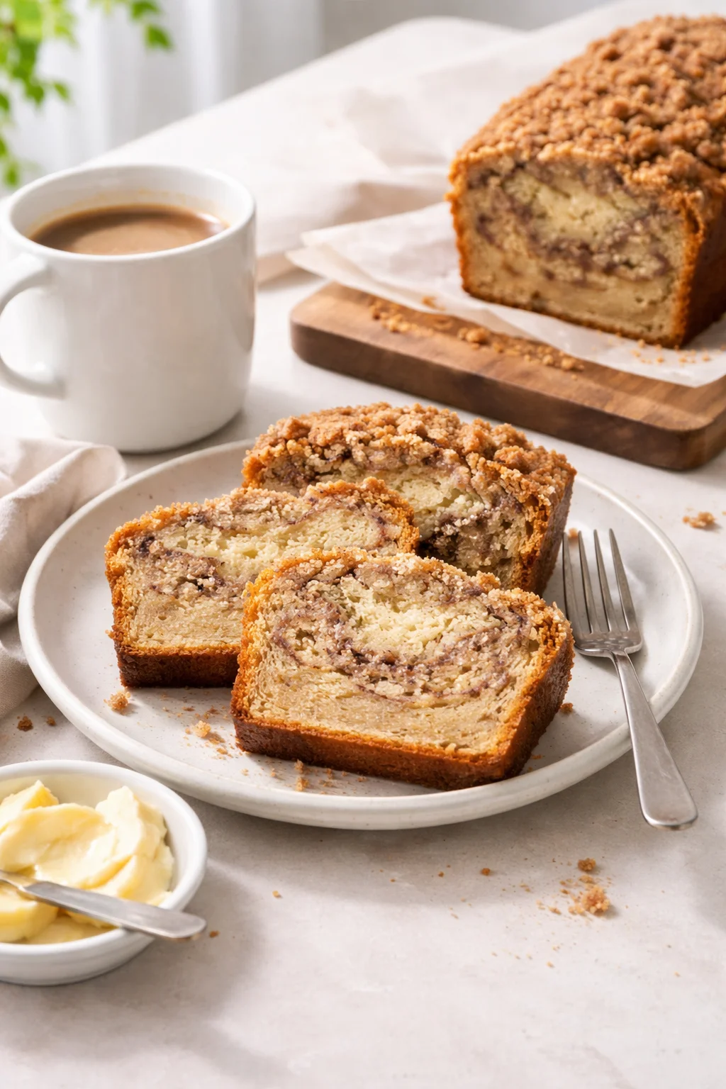 Alternative angle of Coffee Cake Banana Bread served with a pairing