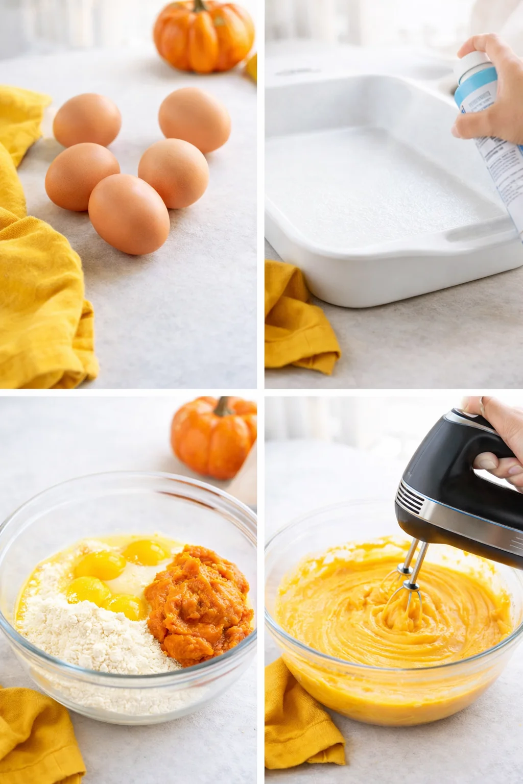 Large bowl with smooth orange batter being beaten, 9×13 pan sprayed nearby