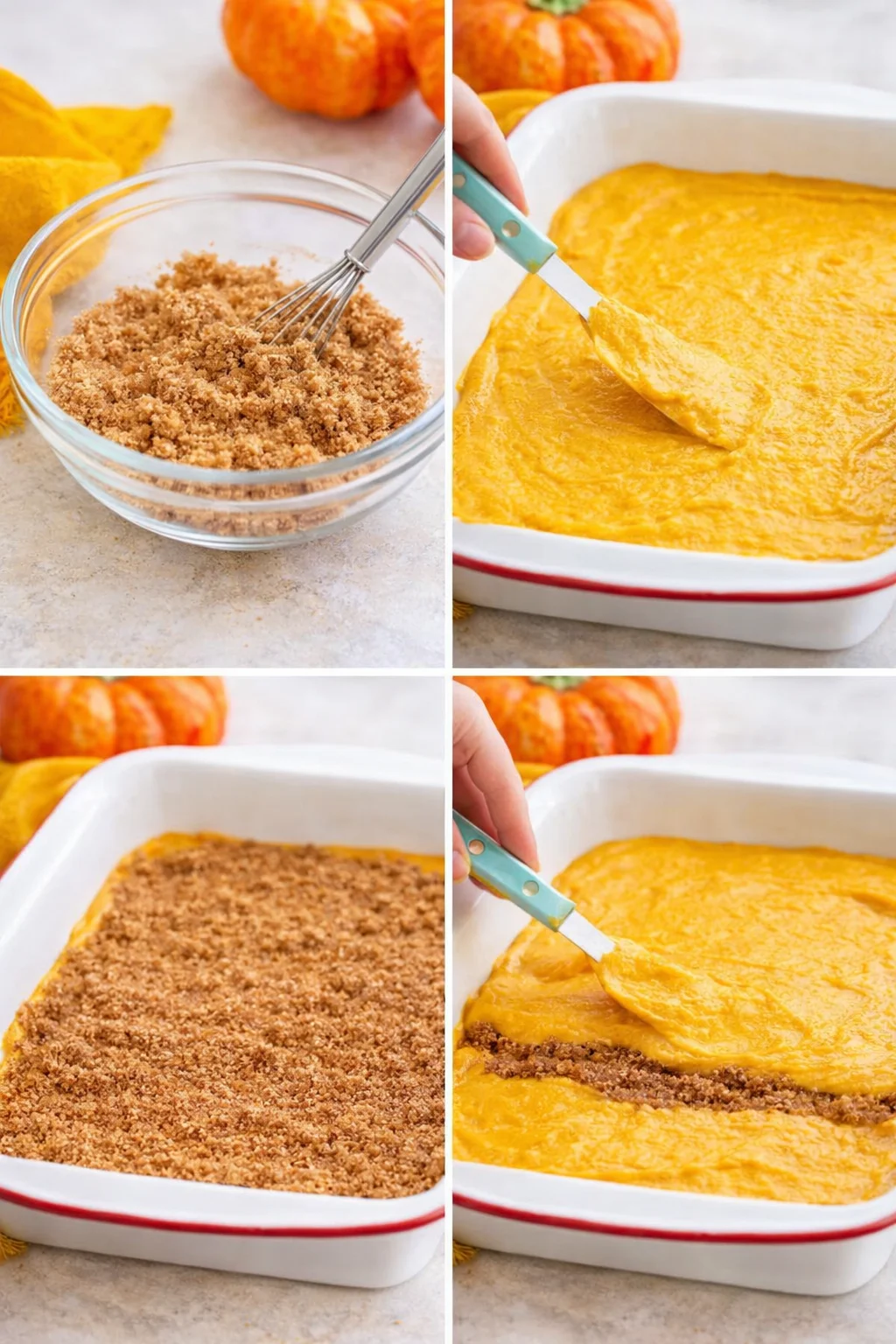 Half the pumpkin batter in pan topped with a cinnamon-sugar ribbon down center