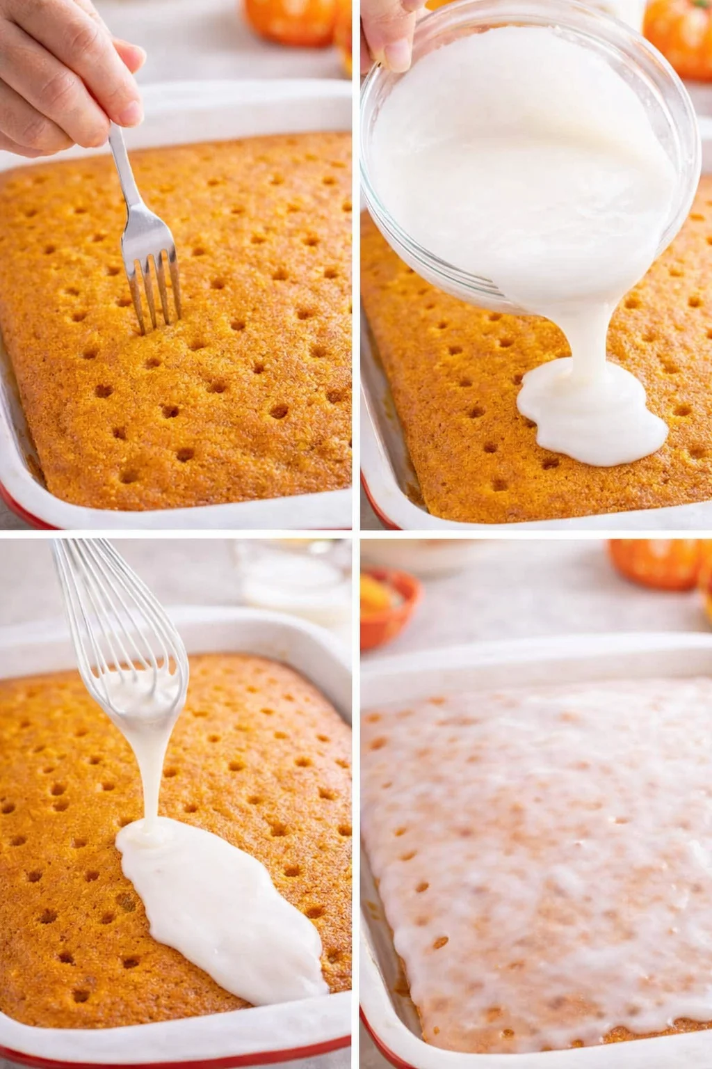 Thick white glaze being poured over golden-brown cake with fork-poked holes