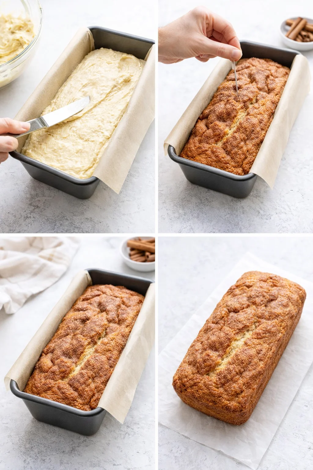 Evenly filled loaf pan with batter, then golden baked loaf cooling on parchment paper.