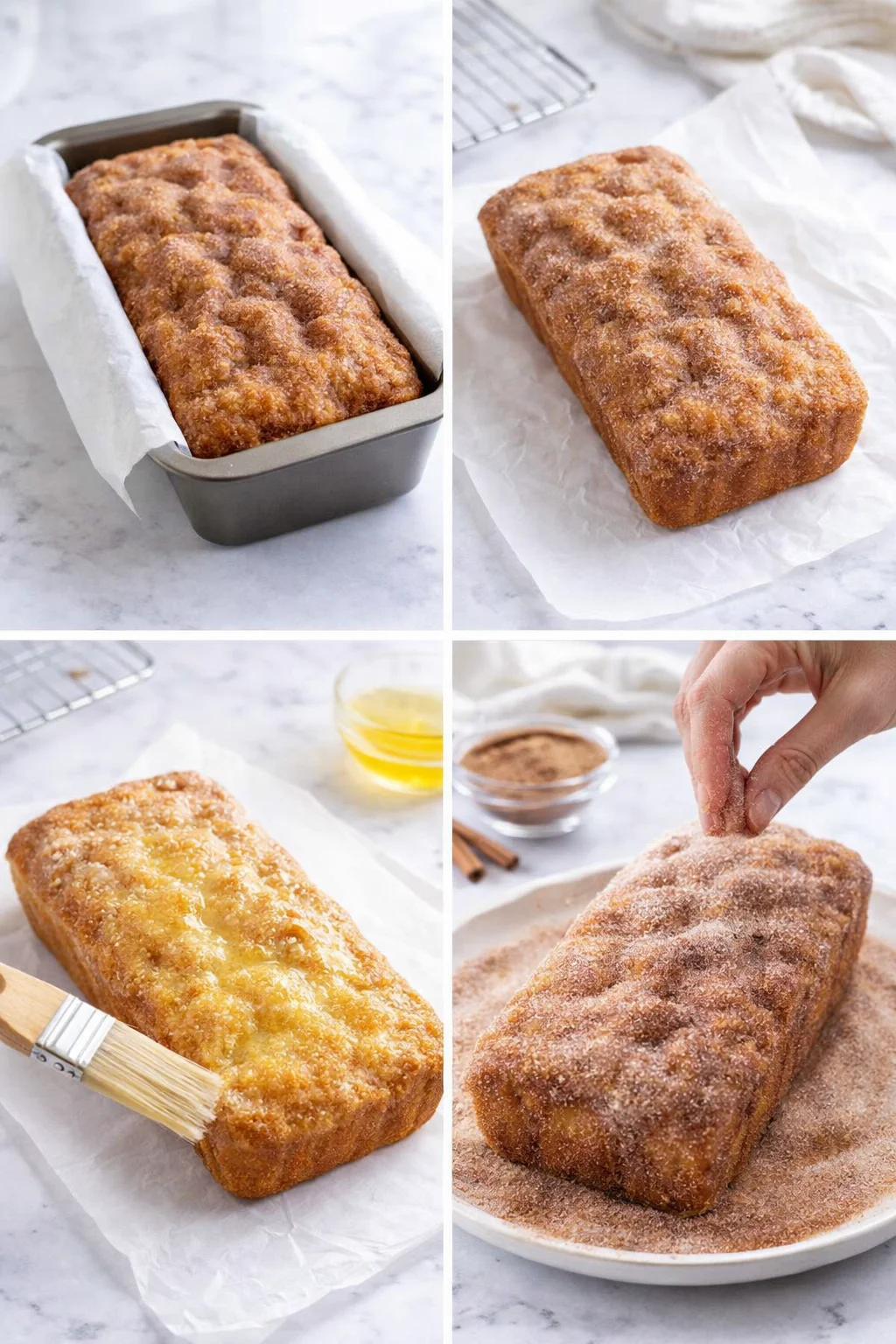 Warm loaf on parchment being brushed with melted butter and sprinkled with cinnamon-sugar coating