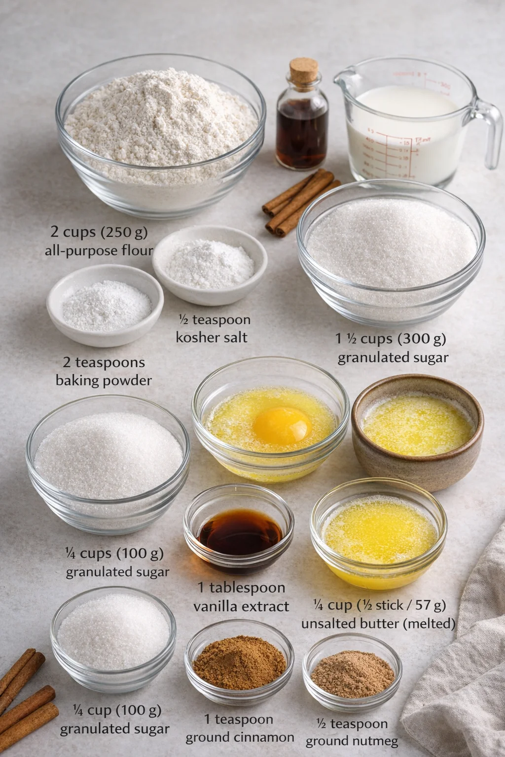 Measured ingredients arranged for Cinnamon Sugar Donut Bread - Deliciously Irresistible Delight: 2 cups (250 g) all-purpose flour, 1 ½ cups (300 g) granulated sugar, 2 teaspoons baking powder, ½ teaspoon kosher salt, 1 ¼