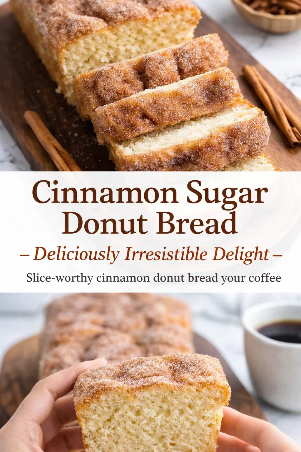 Pinterest-style image for Cinnamon Sugar Donut Bread - Deliciously Irresistible Delight with centered text overlay