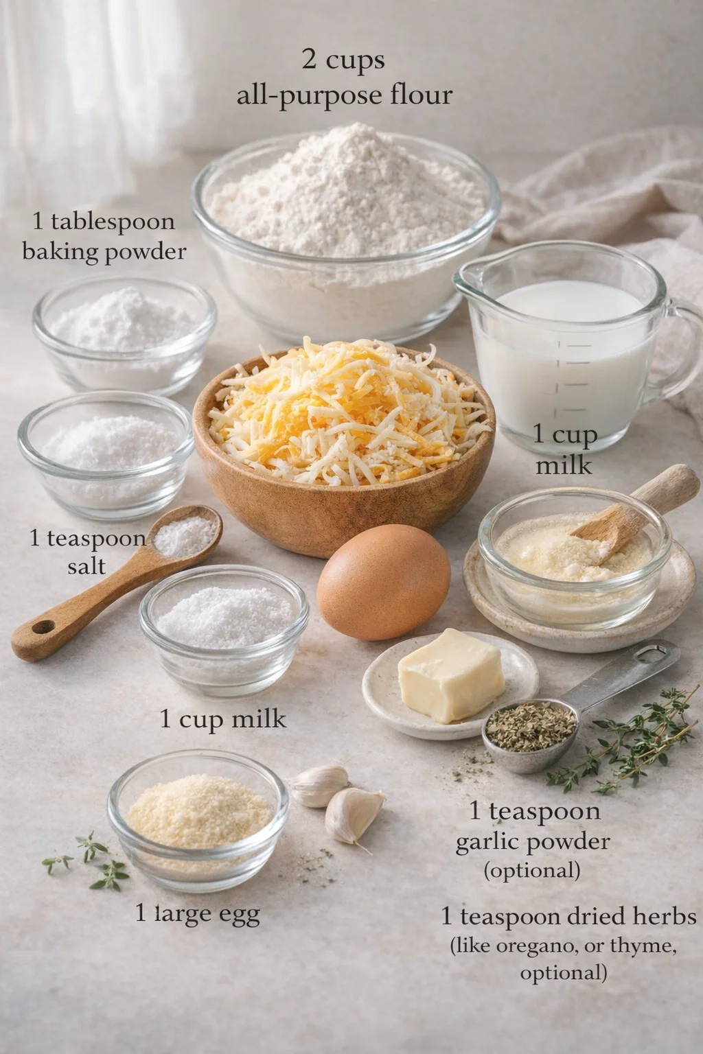 Measured ingredients arranged for Cheese Bread: Easy Quick Bread Recipe for Delicious Homemade Treats: 2 cups all-purpose flour, 1 tablespoon baking powder, 1 teaspoon salt, 1 cup shredded cheese (cheddar, mozzarella, or