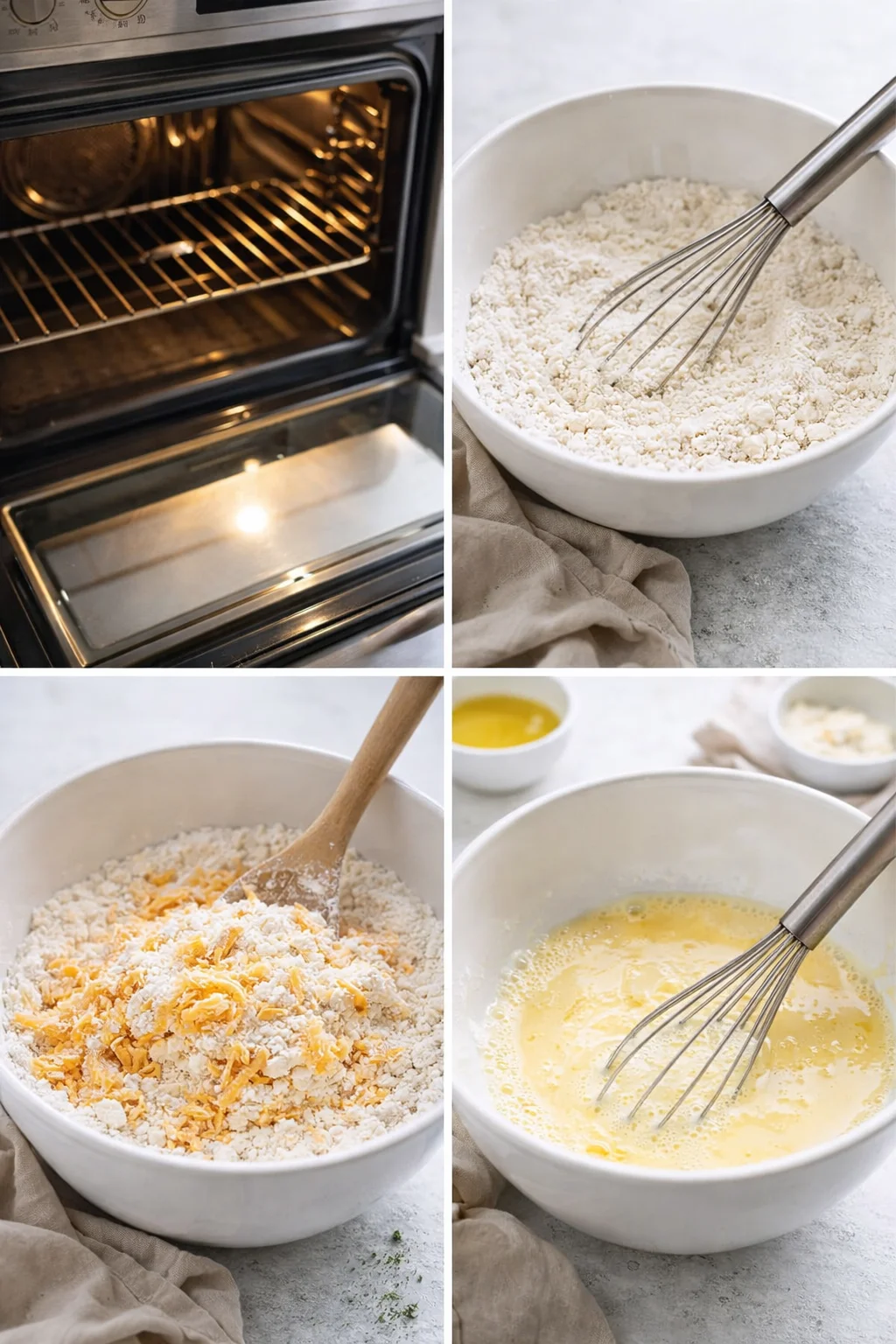 Whisked dry ingredients in large bowl, shredded cheese folded in; separate bowl with whisked milk, oil, and egg.