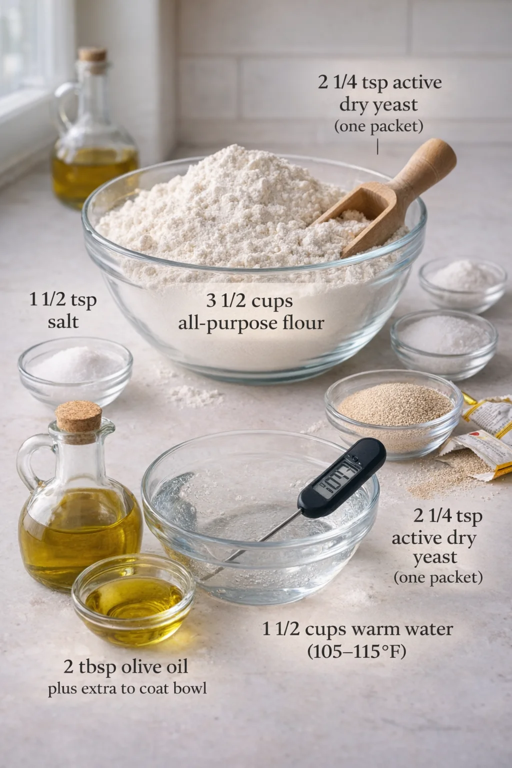 Measured ingredients arranged for Amazing 1-Hour Italian Bread: Crusty Joy - Forkful Heaven: 3 1/2 cups all-purpose flour, 1 1/2 teaspoons salt, 1 teaspoon granulated sugar, 2 1/4 teaspoons active dry yeast (that’s one r